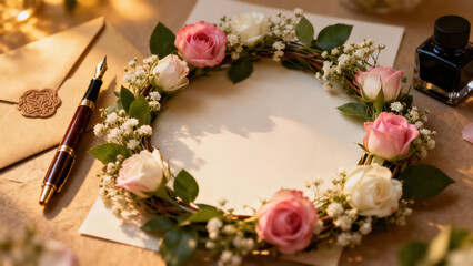 Floral arrangement with roses and baby’s breath surrounding a blank space on a table next to a pen and ink for writing letters