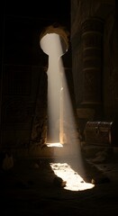 Sunlight streams through a large, ancient stone window with intricate carvings, illuminating the dark interior of a historic building with a mystical atmosphere