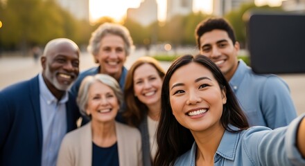 Diverse group taking a selfie together outdoors with city backdrop.