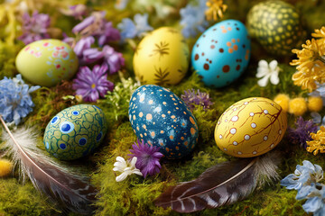 Colorful decorated eggs arranged among flowers and moss for a festive spring celebration in a natural setting