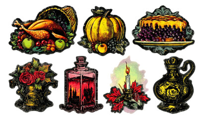 Vintage Thanksgiving Illustrations with Cornucopia, Pumpkin, Pie, and More