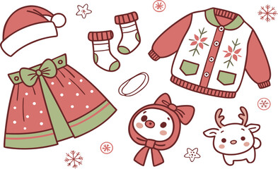 Cute cartoon vector set of Christmas and New Year icons illustration for winter holiday celebration decoration