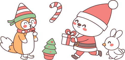 A merry cartoon Santa Claus and his elf character near a decorated Christmas tree with gifts on a snowy winter holiday