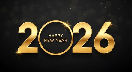 A gleaming golden 2026 new year design with a circular frame and elegant typography on a dark backdrop