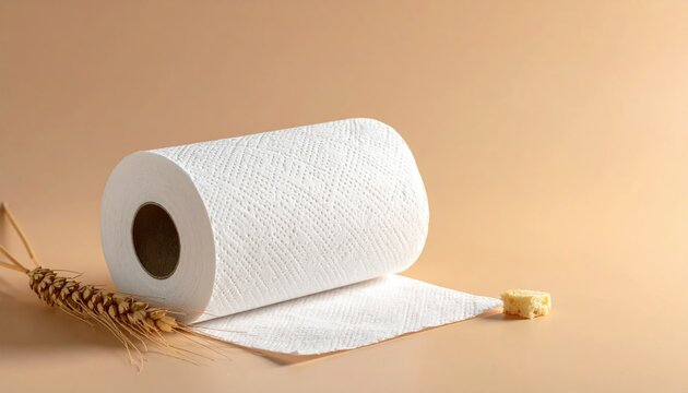A roll of white absorbent paper towels sits next to a wheat stalk and a small piece of bread against a peach-toned background