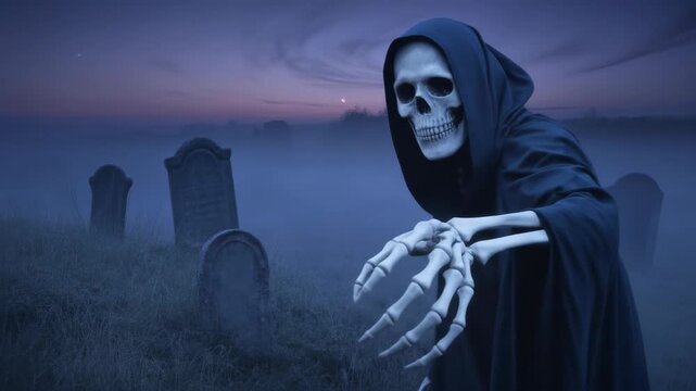 A skeletal figure with a black hood gestures toward a foggy graveyard at dusk