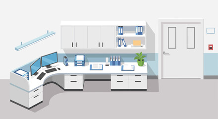 Modern reception area with dual monitors and organized paperwork, perfect for healthcare or corporate environment, conveying professionalism and efficiency