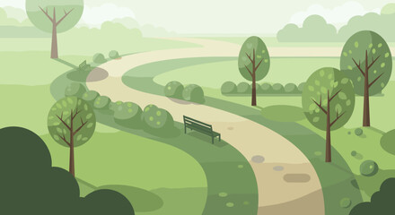 Fototapeta premium Peaceful park scene with winding path and benches invites relaxation and contemplation in nature's serene embrace, ideal for mindful wellbeing campaigns