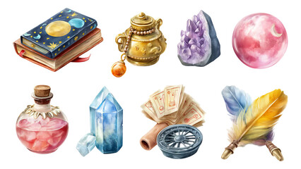 Mystical Tarot Elements with Illustrations of Divination and Magical Artifacts