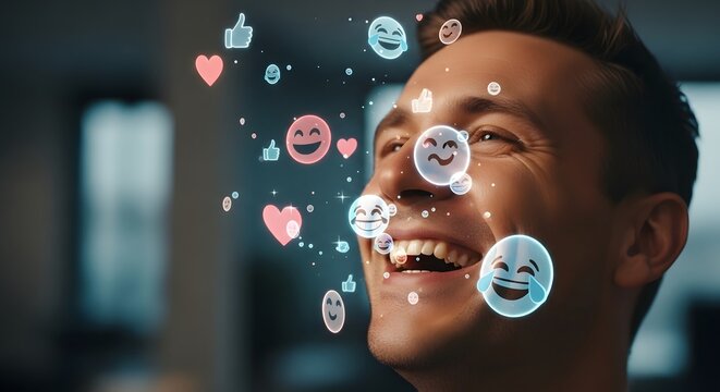 A joyful young man with a bright smile surrounded by floating social media icons representing happiness and positive interactions - Powered by Adobe