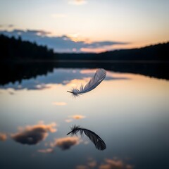 A serene scene of a delicate feather floating on a calm lake during sunset, with the sky reflecting beautifully on the water's surface and distant hills in the background