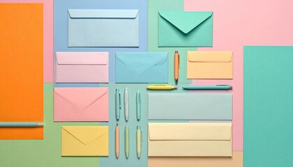 Colorful envelopes and pens arranged on a pastel geometric background, flat lay, top view