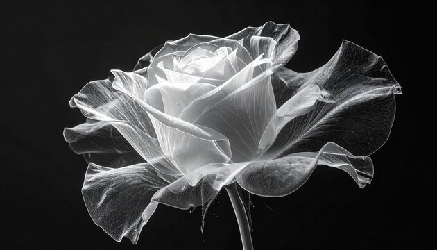 Black and white ethereal image of a rose's inner structure, showcasing its delicate petals and stem in a soft, glowing light