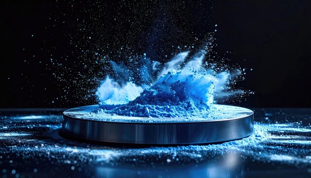 A vibrant splash of blue powder erupts from a metallic disc against a dark, dynamic backdrop, creating a visually striking display