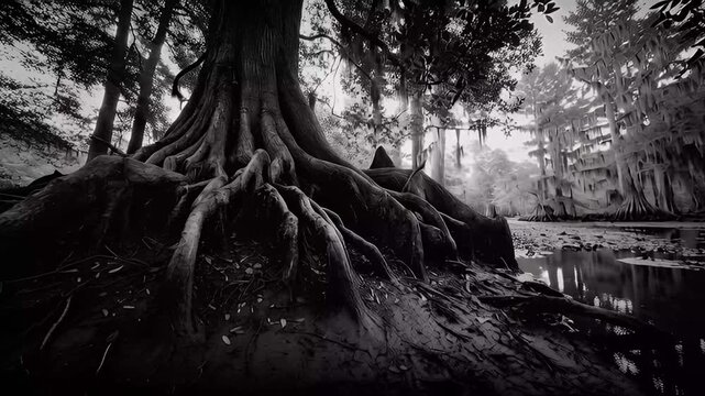Dark swamp eerie ancient tree roots black white moody scene