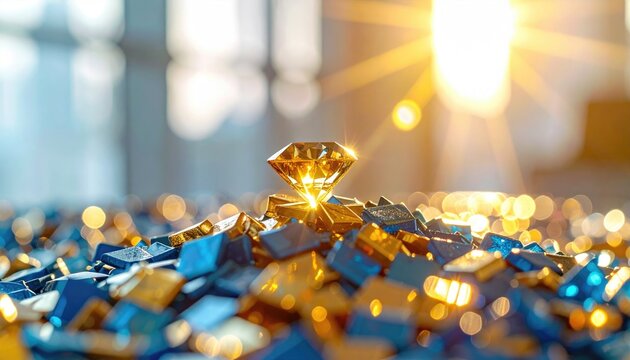 Faceted diamond resting on gold and blue blocks, with a sunburst effect emanating from behind