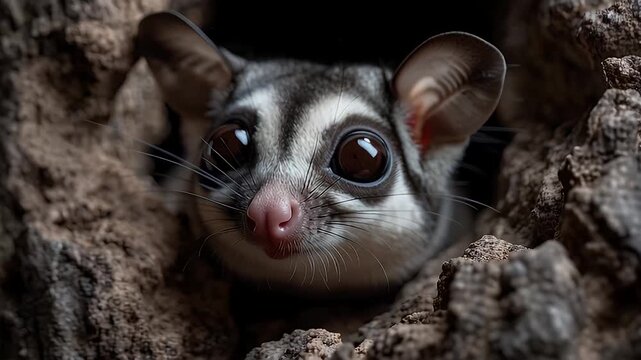 Adorable sugar glider peaking from a dark tree hollow