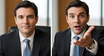 Professional businessman in formal attire making a confident gesture in an office setting with a blurred background
