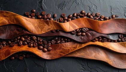 Close-up composition of roasted coffee beans nestled within leather strips, on a rough, dark surface
