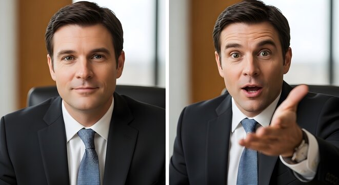 Professional businessman in formal attire making a confident gesture in an office setting with a blurred background