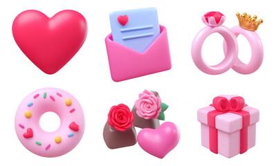 Colorful Heart and Love-themed Illustrations with Various Cute Objects Isolated