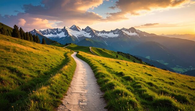 A winding dirt path ascends a vibrant green meadow toward snow-capped peaks under a dramatic sunset sky
