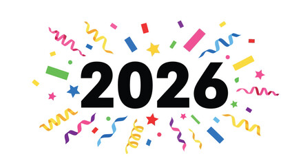 Dynamic 2026 New Year Celebration Design featuring Bursting Confetti, Bright Streamers, and Sparkling Stars for Festive Events and Future Endeavors