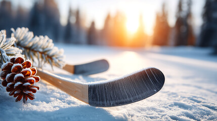 Two frosty hockey sticks rest on glistening snow near a frosted pine cone as warm winter sunbeams pierce the serene, icy landscape