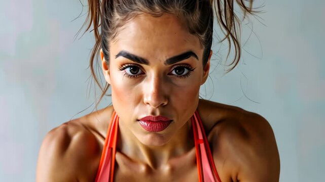 Focused Intensity: A determined athlete with a determined gaze, embodying dedication and strength, poised and ready for action. The vibrant backdrop underscores her commitment to pushing boundaries.