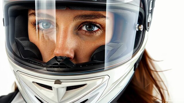 Focused Gaze Behind the Visor: A close-up view shows a determined individual with piercing eyes peering out from a motorcycle helmet's visor, conveying readiness. 