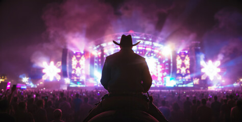 Silhouetted cowboy overlooks a dazzling night concert crowd