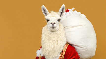 Obraz premium Whimsical llama in santa costume carrying a white gift sack