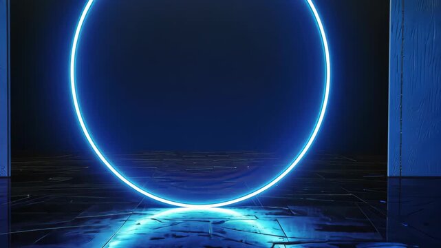 Electric Circle of Modernity: A futuristic composition showcasing a vibrant blue neon ring, casting an alluring glow. This symbol of modernity set against a dark.