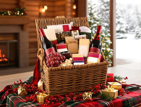 Cozy holiday gift hamper with wine, grapes, and gourmet treats in a warm winter setting - Powered by Adobe