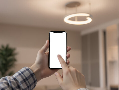 Person tapping on blank smartphone screen in a modern interior setting