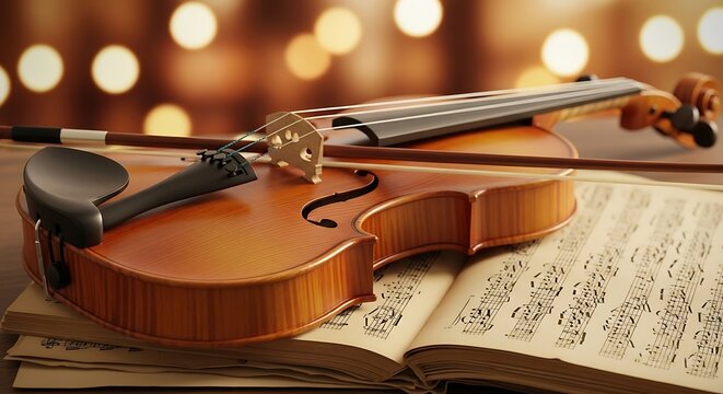 Violin Resting on Sheet Music with Bokeh Background.