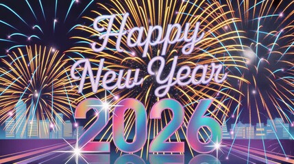 Happy New Year 2026 glowing holographic rainbow text reveal - Powered by Adobe