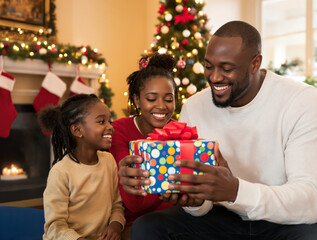 Joyful african american family celebrates christmas and shares gifts at home by a festive tree