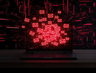 Glowing red email icons explode from laptop screen amidst a dark, matrix-like digital backdrop
