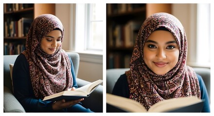 A young woman wearing a patterned hijab and dark clothing reads a book comfortably seated in a cozy indoor setting with warm lighting and bookshelves in the background