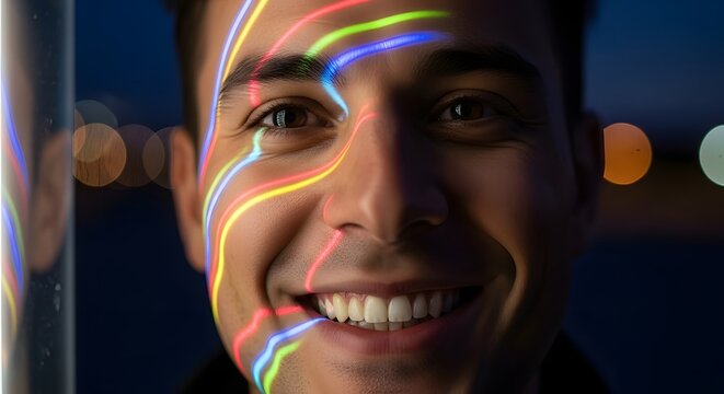Close-up of a smiling young man with colorful neon light streaks on his face during nighttime outdoor setting with blurred city lights in the background