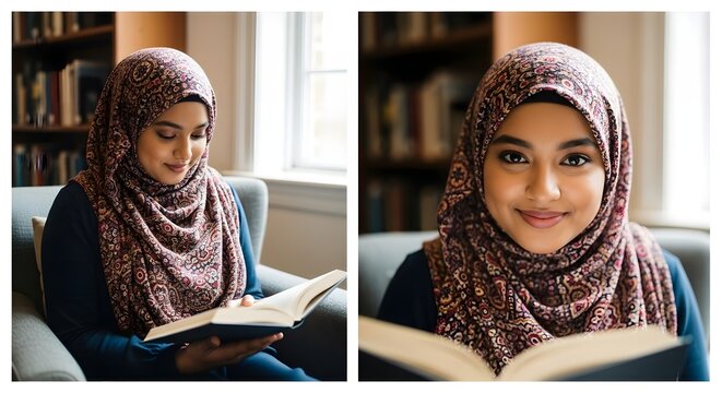 A young woman wearing a patterned hijab and dark clothing reads a book comfortably seated in a cozy indoor setting with warm lighting and bookshelves in the background - Powered by Adobe