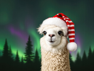 Obraz premium Cheerful alpaca in santa hat with northern lights and pine trees