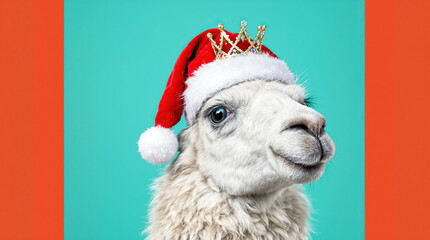 Obraz premium Adorable llama in a Santa hat with a golden crown on a vibrant turquoise background