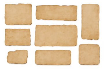 Old vintage grungy paper pieces texture set with torn edges, brown antique blank parchment sheets for messaging, transparent background