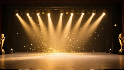 Illuminated stage with golden award trophies and sparkling confetti