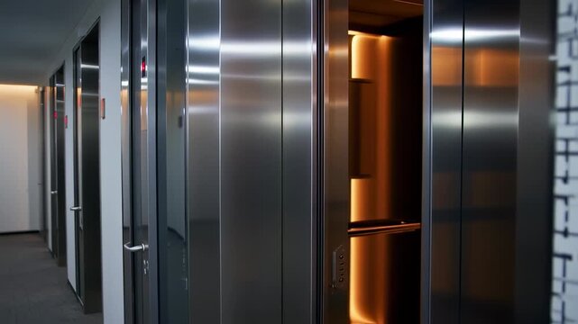 Sleek, modern elevators in a building hallway; one open, showcasing interior design details