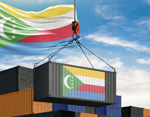 Comoros Cargo: A symbol of global trade, a shipping container proudly displays the Comoros flag as it's hoisted by a crane against a backdrop of stacked containers and a vast sky.