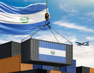 Salvadoran Import: The Salvadoran flag adorns a shipping container being lifted into the sky with an airplane, symbolizing international trade and the movement of goods in global commerce.