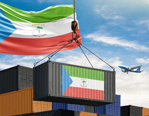 Equatorial Guinea Trade: A crane hoists a cargo container adorned with the vibrant flag of Equatorial Guinea amidst a backdrop of stacked shipping containers and a plane soaring through the sky.